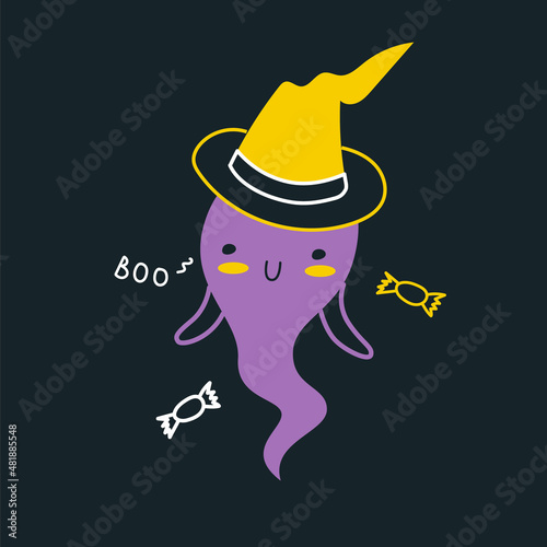 Cute purple ghost in a hat say boo. art for the Halloween holiday. Around the candy. The ghost is shy. Flat graphics with lines and color.