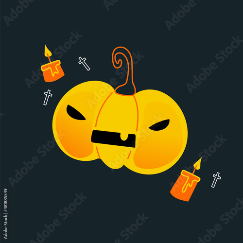 A simple minimalistic illustration for Halloween. A pumpkin with a scary face, around a candle. Dark background. An isolated image in a vector. The gradient.
