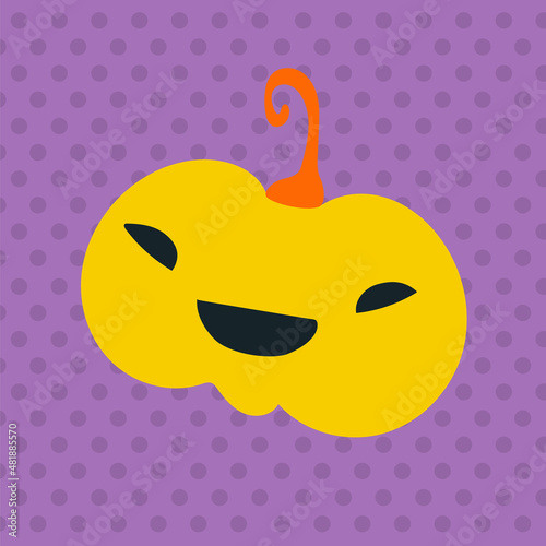 A simple minimalistic illustration for Halloween. A pumpkin with a scary face. violet background. Dot background. Funny happy face
