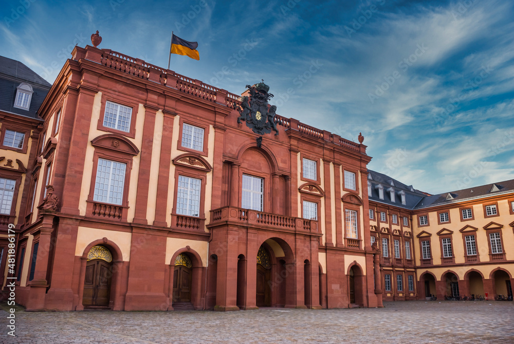 Mannheim University Entrance Building, view from low angle during a sunny day,, Castle, Germany