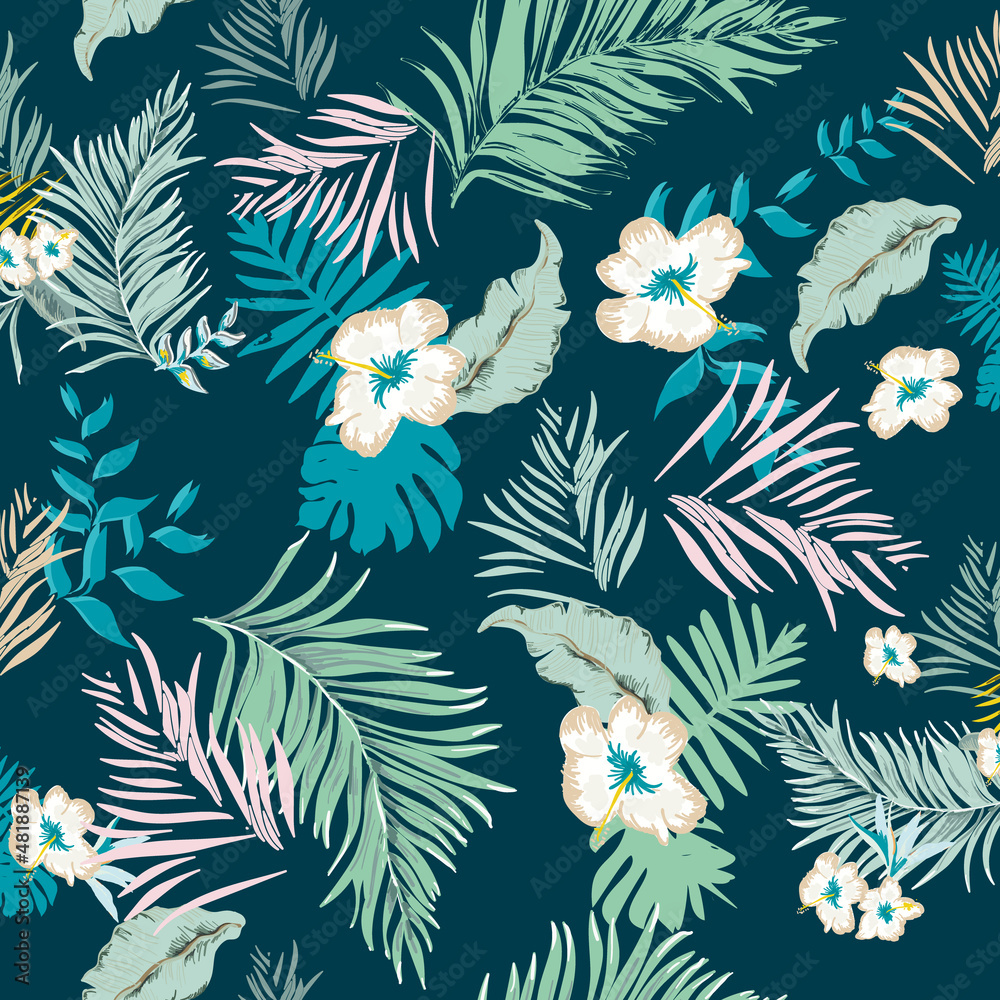 Tropical flowers and leaves on the dark green background seamless pattern Tropical flowers and leaves on the dark green background seamless pattern