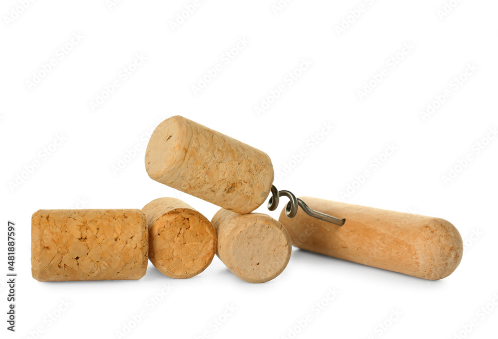 Wine corks and opener on white background