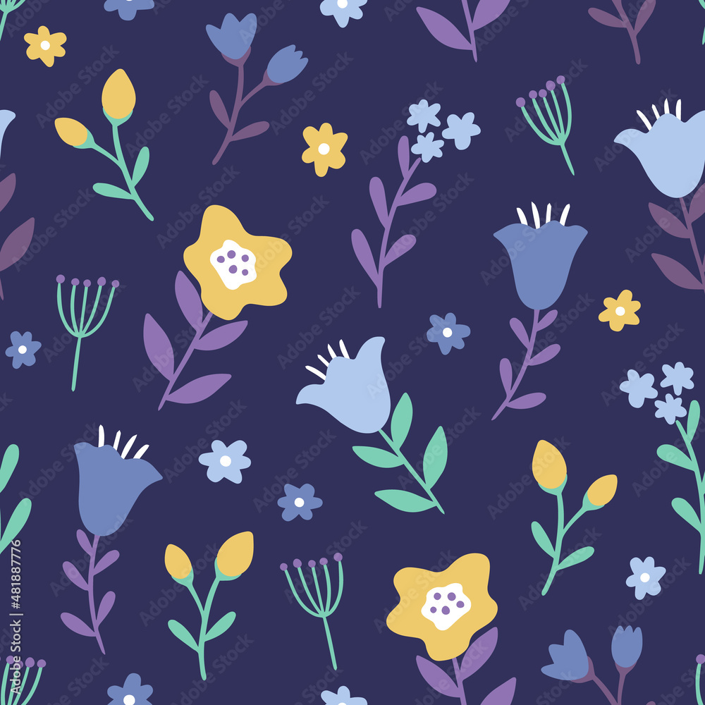 Seamless colorful floral pattern with wild flowers on black background. Simple scandinavian style. Vector illustration