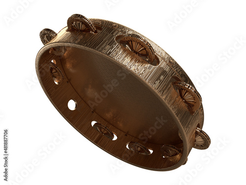 Fotografie Isolated Side View of Golden Metallic Tambourine on White Background