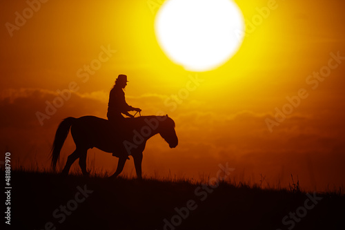 silhouette of a woman riding a horse with the big sun overhead