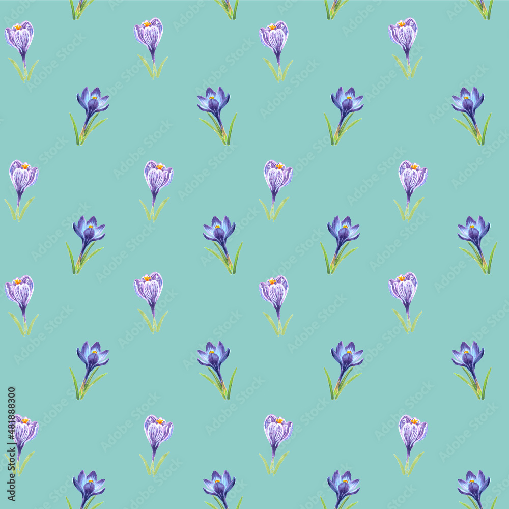 Floral seamless pattern of crocuses drawn by markers on a Eggshell Blue background. For fabric, sketchbook, wallpaper, wrapping paper.