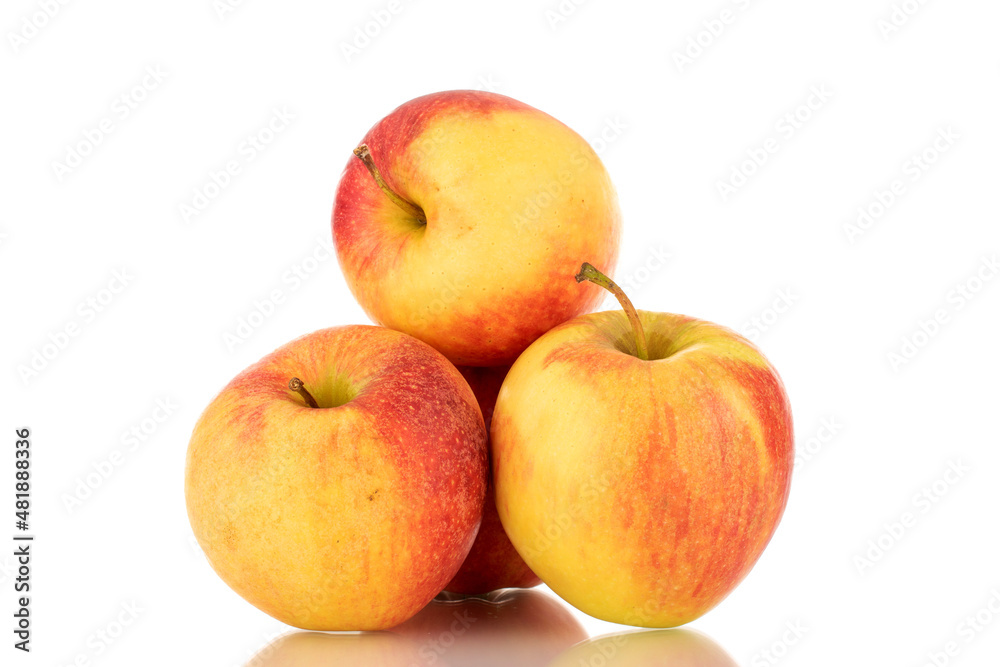Three red juicy apples, macro, isolated on white. Three red juicy apples, macro, isolated on white.