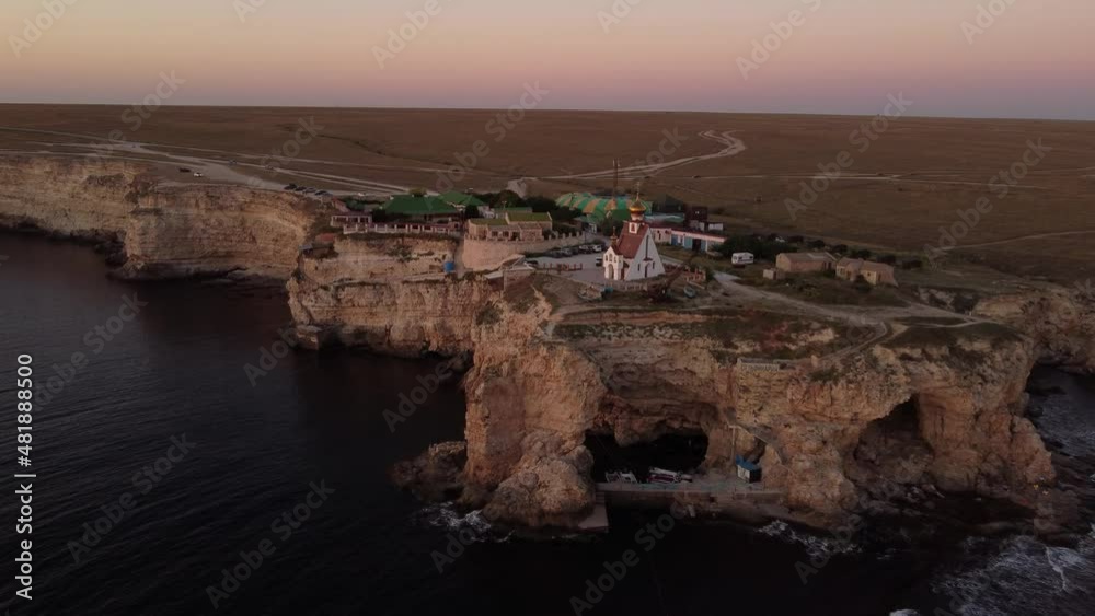 flight over the temple chapel of St. Nicholas on Cape Tarkhankut on the Crimea. flight over the temple chapel of St. Nicholas on Cape Tarkhankut on the Crimea.