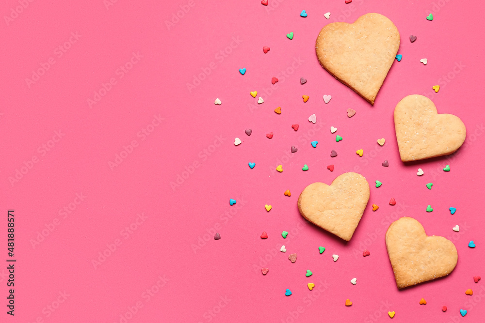 Tasty heart shaped cookies on pink background. Valentines Day celebration Tasty heart shaped cookies on pink background. Valentines Day celebration