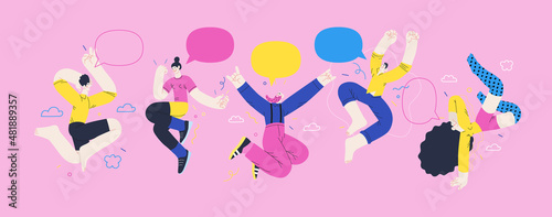 Happiness - happy young man and woman jumping in the air cheerfully. Modern flat vector concept illustration of a happy jumping and dancing person. Feeling and emotion concept.