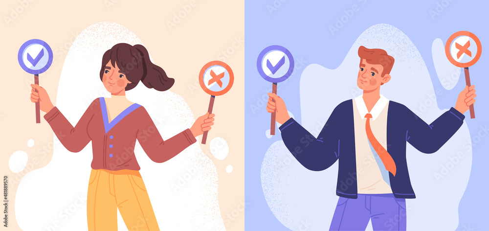 Business decision right or wrong. Man and woman hold signs with tick and cross. Employees make moral choice between right and wrong or true or false. Cartoon modern flat vector illustration set Business decision right or wrong. Man and woman hold signs with tick and cross. Employees make moral choice between right and wrong or true or false. Cartoon modern flat vector illustration set