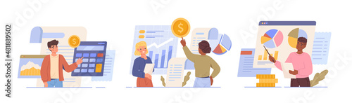 Concept of finance accounting. Young men and women count expenses and income of company. Set of employees analyzing business budget. Cartoon flat vector collection isolated on white background