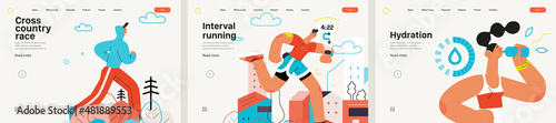 Runners website templates set. Flat vector concept illustrations of athletes running in a park, forest, stadium track or street landscape. Healthy activity and lifestyle. Sprint, jogging, warming up.