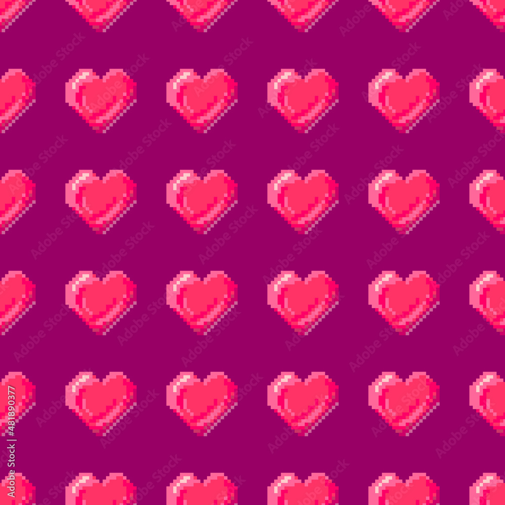 Heart pixel art seamless pattern love symbol on pink and purple background vector illustration Heart pixel art seamless pattern love symbol on pink and purple background vector illustration