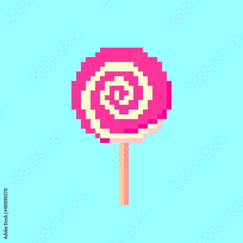 Lollipop pixel art round colorful spiral sweet candy on stick isolated vector illustration for games and websites