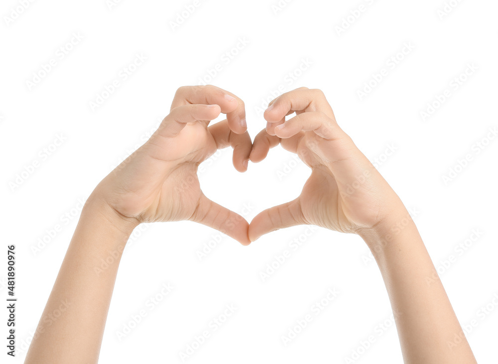 Child making heart shape with hands on white background Child making heart shape with hands on white background