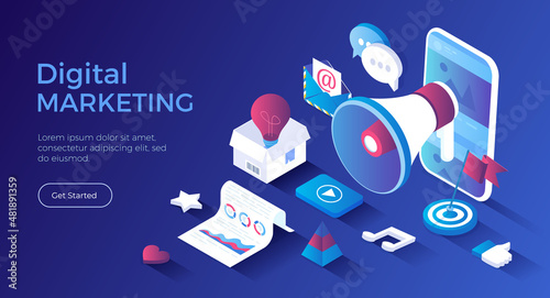 Digital Marketing, social network and media communication. Analysis, targeting, management. Isometric landing page. Vector web banner.