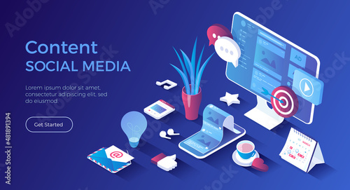Social Media Content. Marketing strategy to attract users attention. Viral Marketing and Social Media Sharing. Isometric landing page. Vector web banner.