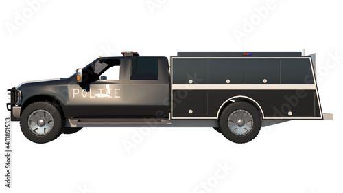 Police Truck 1- Lateral view white background 3D Rendering Ilustracion 3D photo