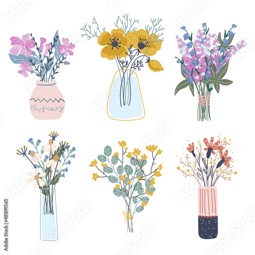 Flower bouquet. Bunch of plants in vase and glass bottle collection. Blooming wild and garden flowers, decorative foliage. Flat cartoon vector flowers botanical decoration set. Florist shop design