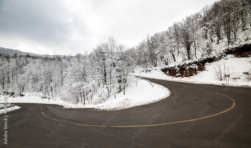 KARTEPE, KOCAELI, TURKEY. Beautiful winter landscape. Winter snowy forest with road.