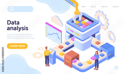 Data analysis and information sorting abstract concept. Men and women stand at conveyor belt and put cubes or files from database. Analysis of algorithms. Cartoon isometric vector illustration