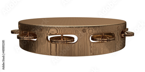 Quadro su tela Isolated Side View of Golden Metallic Tambourine on White Background
