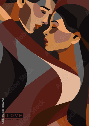 Love abstract poster. Man and woman in love embrace each other and show tenderness or passion. Couple relationships. Colorful design element for wall decoration. Cartoon flat vector illustration