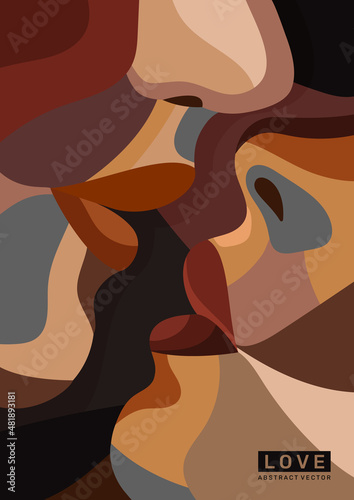 Love abstract poster. Couple in love passionately kisses each other on lips and shows tenderness. Colorful design element for printing or decorating walls in house. Cartoon flat vector illustration