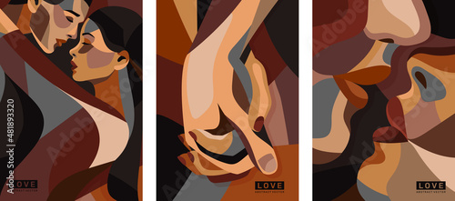Love abstract Art set. Posters with couple in love, hands and kiss on lips. Design elements for social network and wall decoration in house. Cartoon flat vector collection isolated on white background