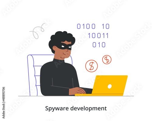 Spyware development abstract concept. Cunning masked man sits with laptop and selects password to access database. Cybercrime or theft of personal information. Cartoon flat vector illustration