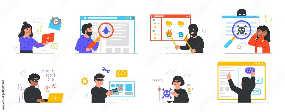 Spyware development concept. Set of hackers hacking databases, stealing personal information. Men and women were subjected to cyber attack. Cartoon flat vector collection isolated on white background