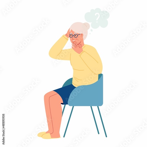 Elderly grandmother has Alzheimer’s disease and she looks lost. Memory loss, and problem of concentration for elderly people. Female has dementia symptoms or mental health illness concept. Vector