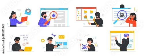 Spyware development concept. Set of hackers hacking databases, stealing personal information. Men and women were subjected to cyber attack. Cartoon flat vector collection isolated on white background