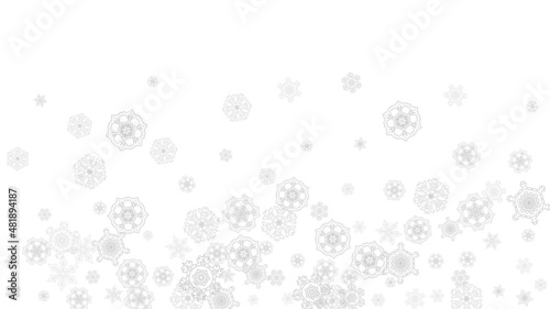 Snowflakes falling on white background. Horizontal Christmas and Happy New Year theme. Silver falling snowflakes for banner, gift card, party invitation, partner compliment and special business offers
