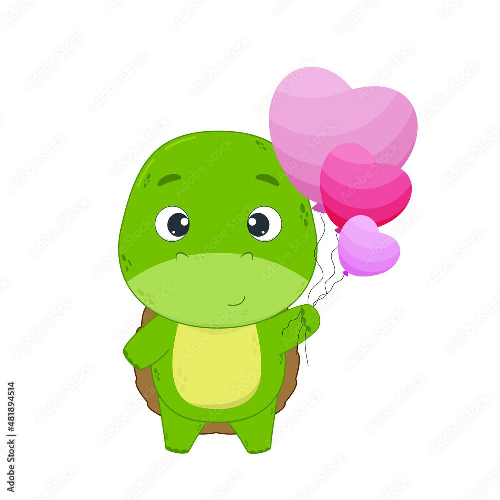 Obraz premium Cute cartoon turtle character holding balloons.Turtle isolated on white background.Valentine s day card design.