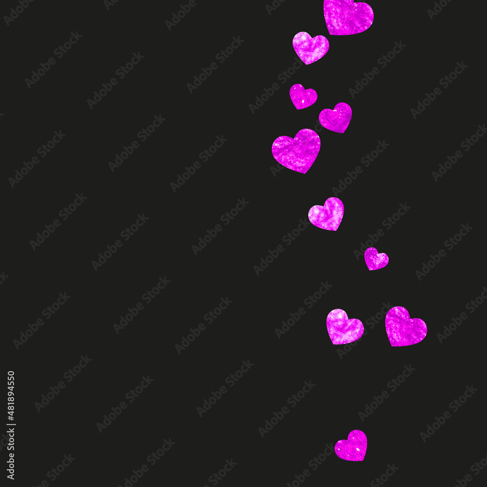 Valentines day card with pink glitter hearts. February 14th. Vector confetti for valentines day card template. Grunge hand drawn texture. Love theme for flyer, special business offer, promo.