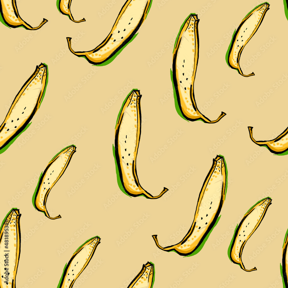 Вright pattern with bananas for baby textiles.
Yellow bananas on a bright yellow background in cartoon style.