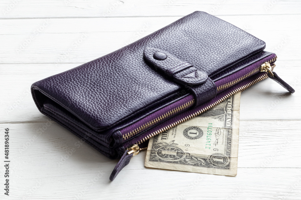 Purple zipper money wallet with a banknote inside, on a white background. Poster. Purple zipper money wallet with a banknote inside, on a white background. Poster.