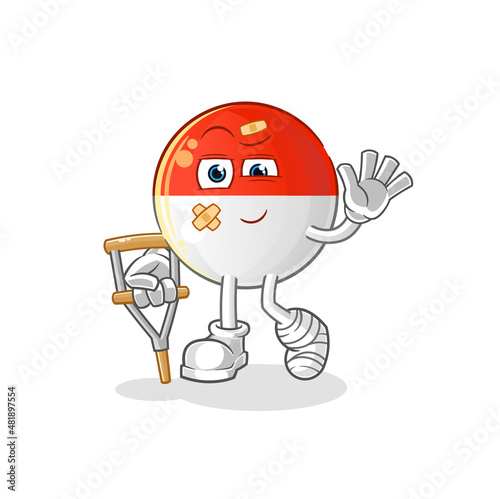 indonesian flag sick with limping stick. cartoon mascot vector