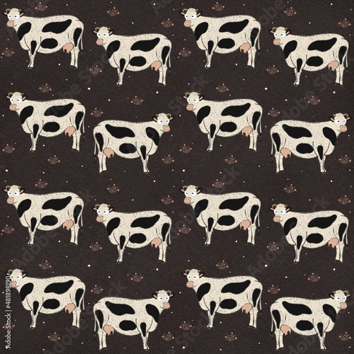 Seamless pattern with cows. Cute farm animal on brown background. Kids design fabric, wallpapers. Illustration. 