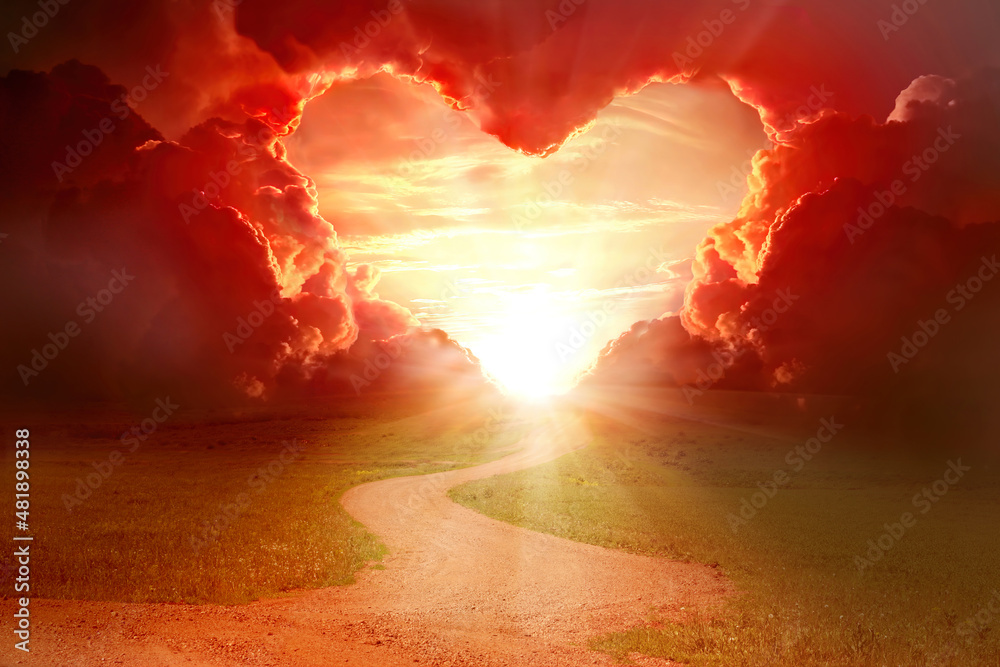  Red heart shaped clouds at sunset. Beautiful landscape with road. Love background with copy space. Road to love - obrazy, fototapety, plakaty 