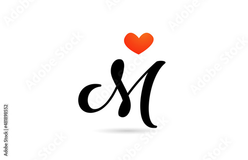 handwritten M alphabet letter icon logo design. Creative template for business with love heart