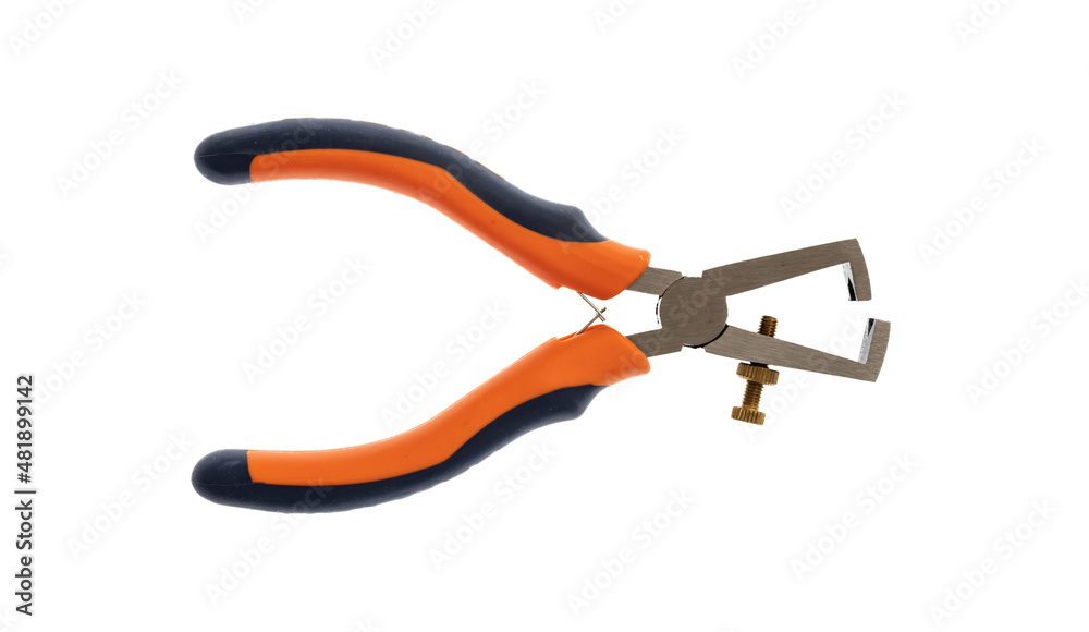 Obraz premium Wire stripping pliers isolated on white, rubber handle new work tool, design element.