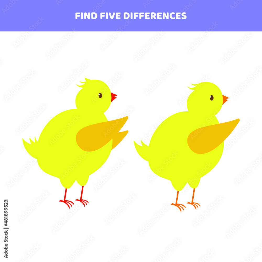 Find five differences between cartoon chickens. Educational game for kids.