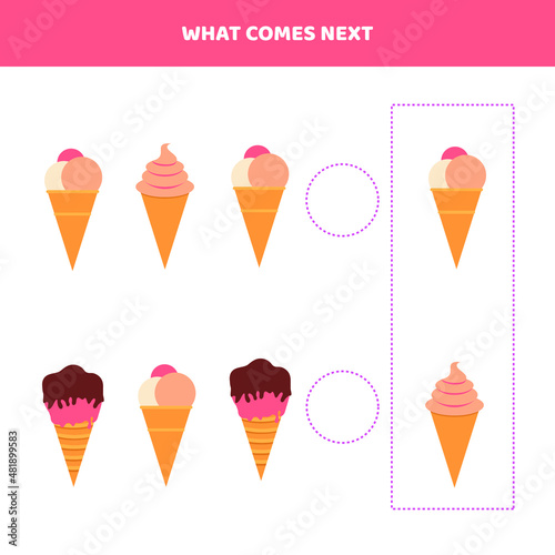 What comes next. Educational game for kids with cartoon ice cream.