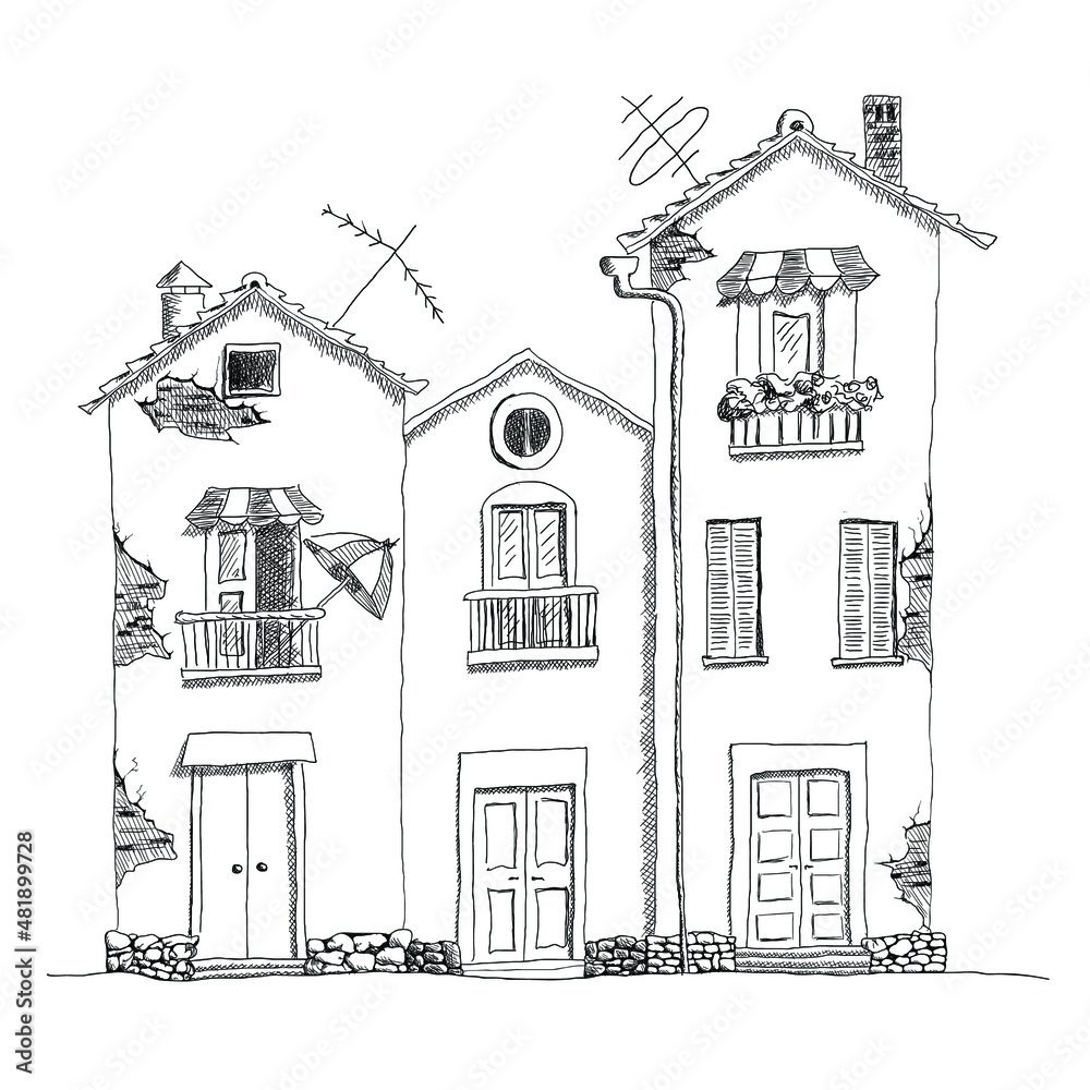 Three old cartoon houses. Hand drawn outline vector sketch illustration. Black on white background