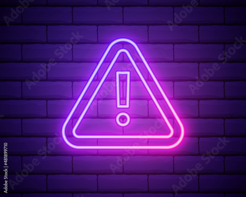 Caution neon sign on brick wall. Glowing exclamation mark icon. Warning symbol. Attention button. Realistic night signboard. Night bright advertising. Vector illustration