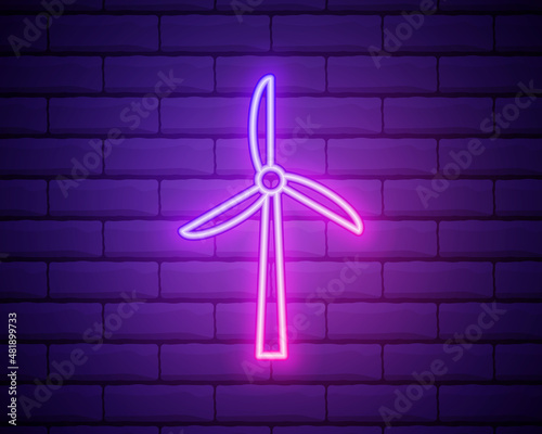 Glowing neon Wind turbine icon isolated on brick wall background. Wind generator sign. Windmill for electric power production. Vector Illustration.