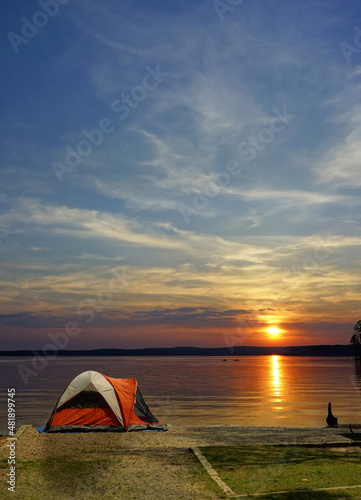 Vászonkép A tent at a waterfront campsite of Jordan Lake State Park  -- Poplar Point campg